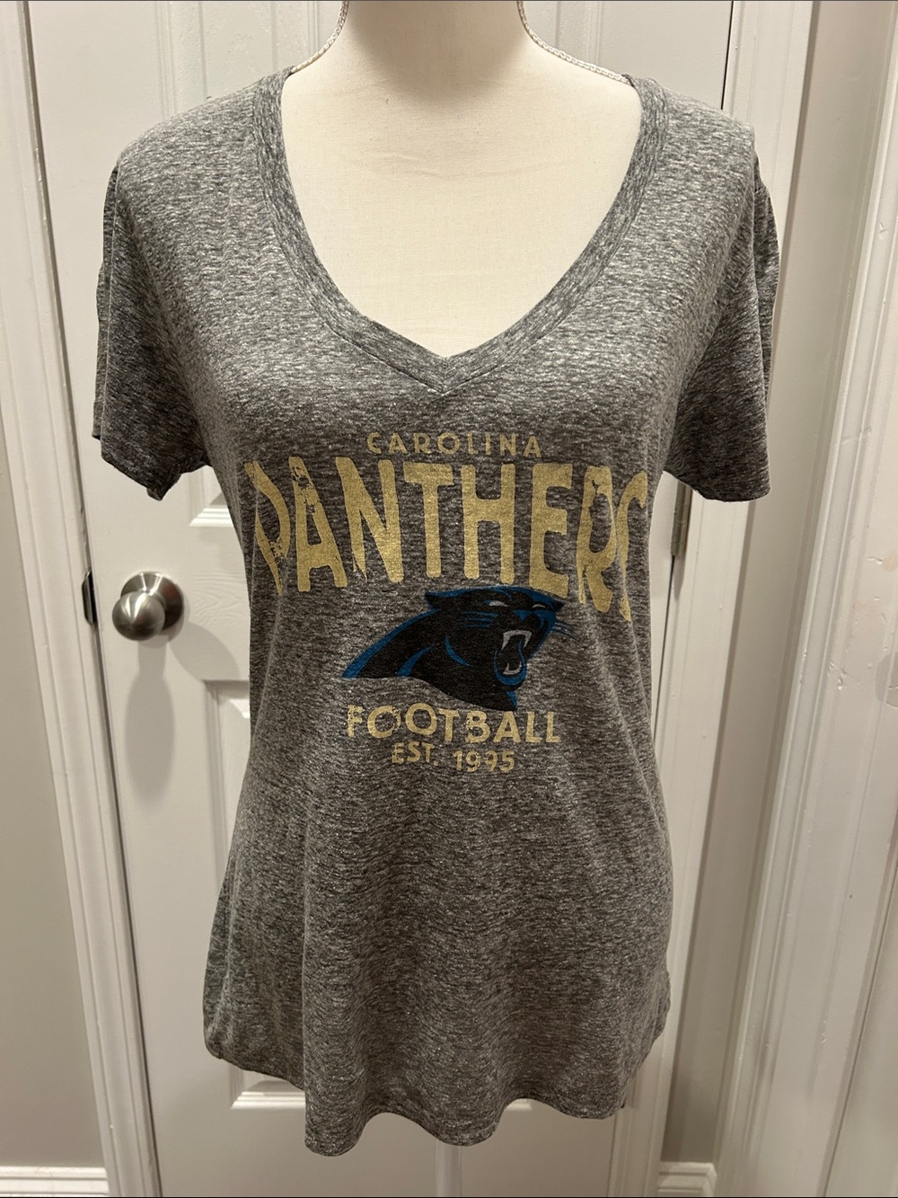 Majestic Gray Carolina Panthers V-Neck Tee with Black, Blue, and Tan Logo